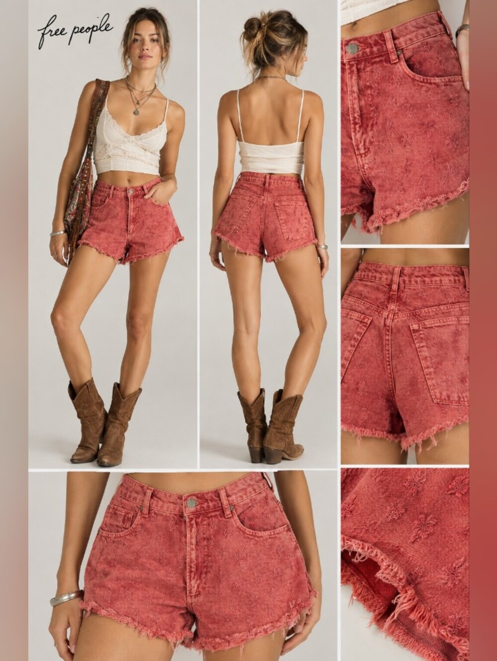 We The Free Rose-Red High-Rise Frayed Denim Shorts